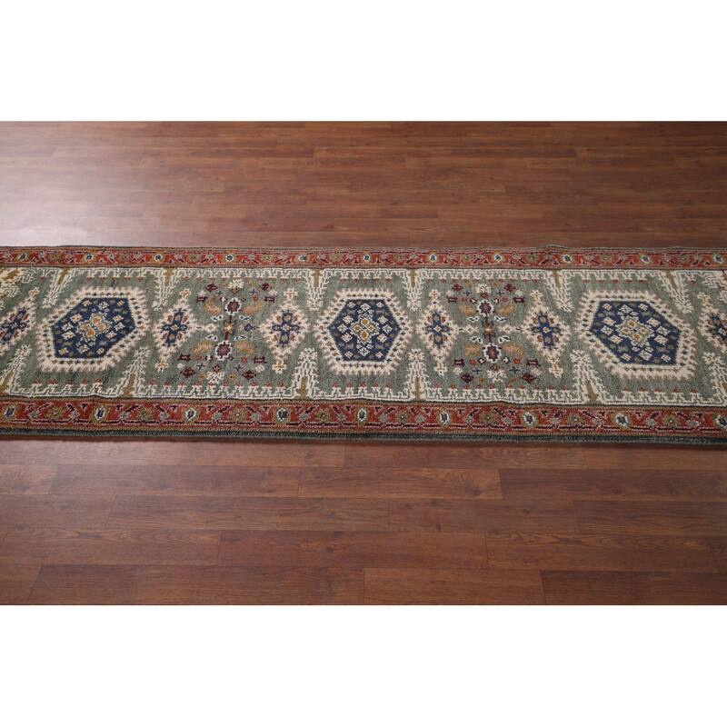 Green Geometric Viss Oriental Runner Rug Handmade Wool Carpet - 2'6"x 8'1"