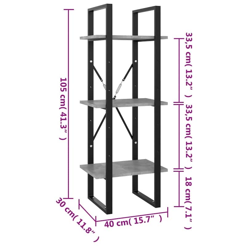 vidaXL 3-Tier Book Cabinet Concrete Gray 15.7"x11.8"x41.3" Engineered Wood - 15.7" x 11.8" x 41.3"