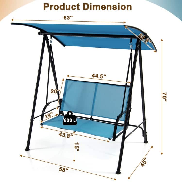 2-Seat Outdoor Canopy Swing with Comfortable Fabric Seat and Heavy-duty Metal Frame - 58" x 45" x 70"