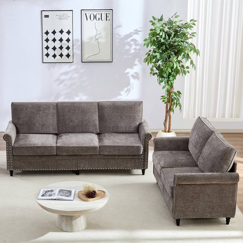Mixoy 2 Piece Living Room Sofa Set with Riveted Design,Chenille Nailhead W76''3-Seater Sofa Couch with W53''Loveseat Sofa