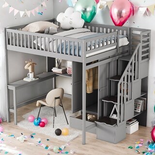 Full Size Loft Bed With Bookshelf,Drawers,Desk,and Wardrobe for Home