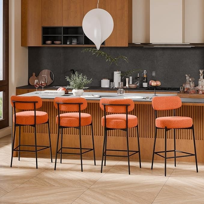 XINMICS 24 Inches Modern Counter Height Bar Stools with Curved Back Metal Legs, Upholstered Boucle Barstools, Set of 2/3/4 - Set of 4 - Orange - Counter Height