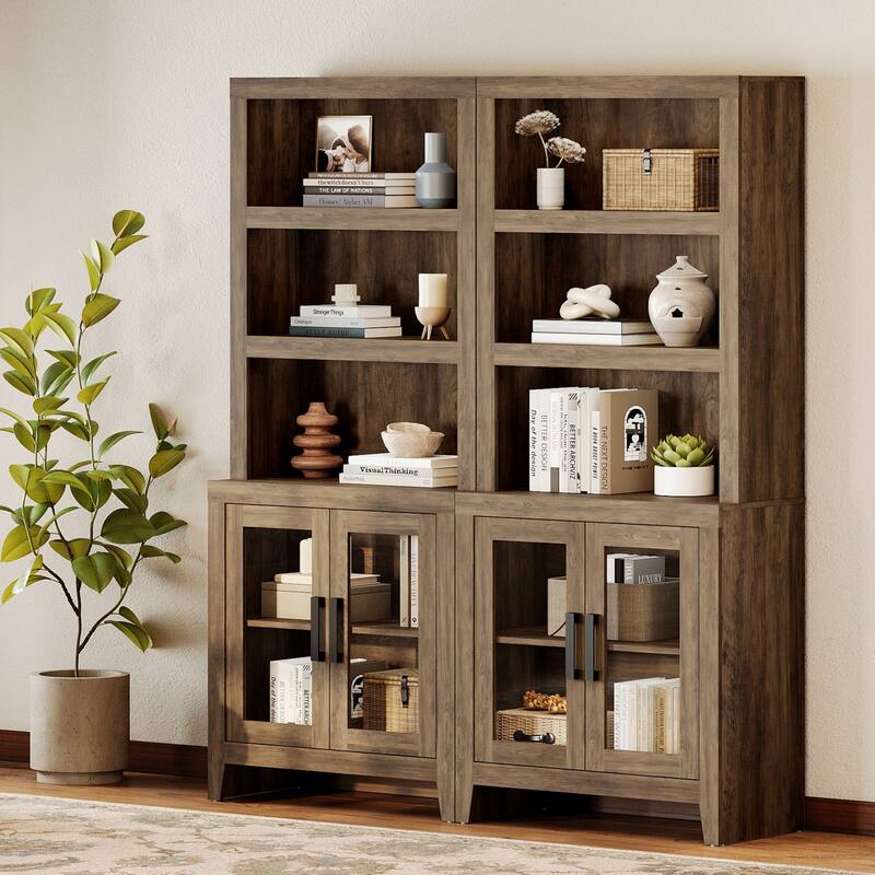 WAMPAT 3 Tier Bookshelf with Glass Door, 74" Tall Bookcase with Adjustable Shelf and Storage Cabinet, Farmhouse Wooden Bookshelf - 62-inch width - Brown