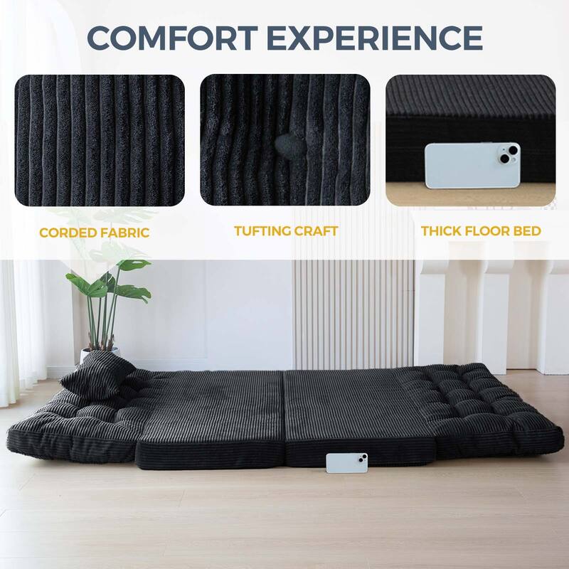 Corduroy Bean Bag Bed Tufted Folding Sofa Bed with Pillows