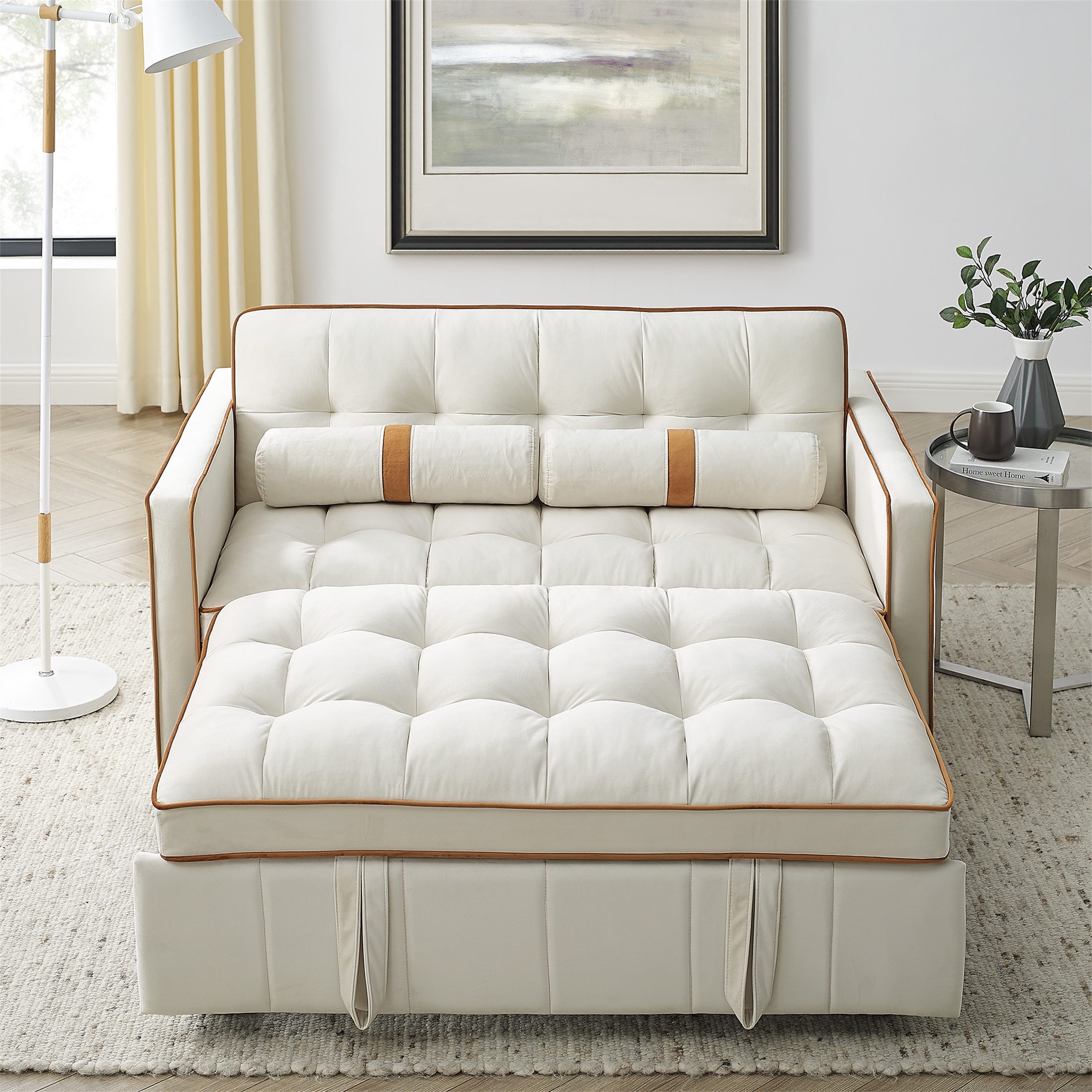 Modern 55.6 Pull Out Sleep Sofa Bed for Apartment Office Living Room Beige