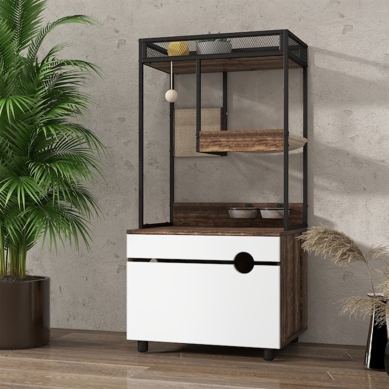 Hidden Cat Litter Box Enclosures with Cat Tree Tower - White+Vintage