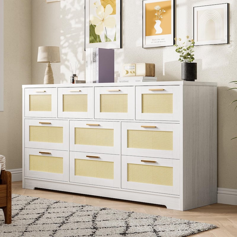 10-Drawer Dresser for Bedroom, Rattan Farmhouse Chest with Handles, Freestanding Wooden Storage Cabinet - White
