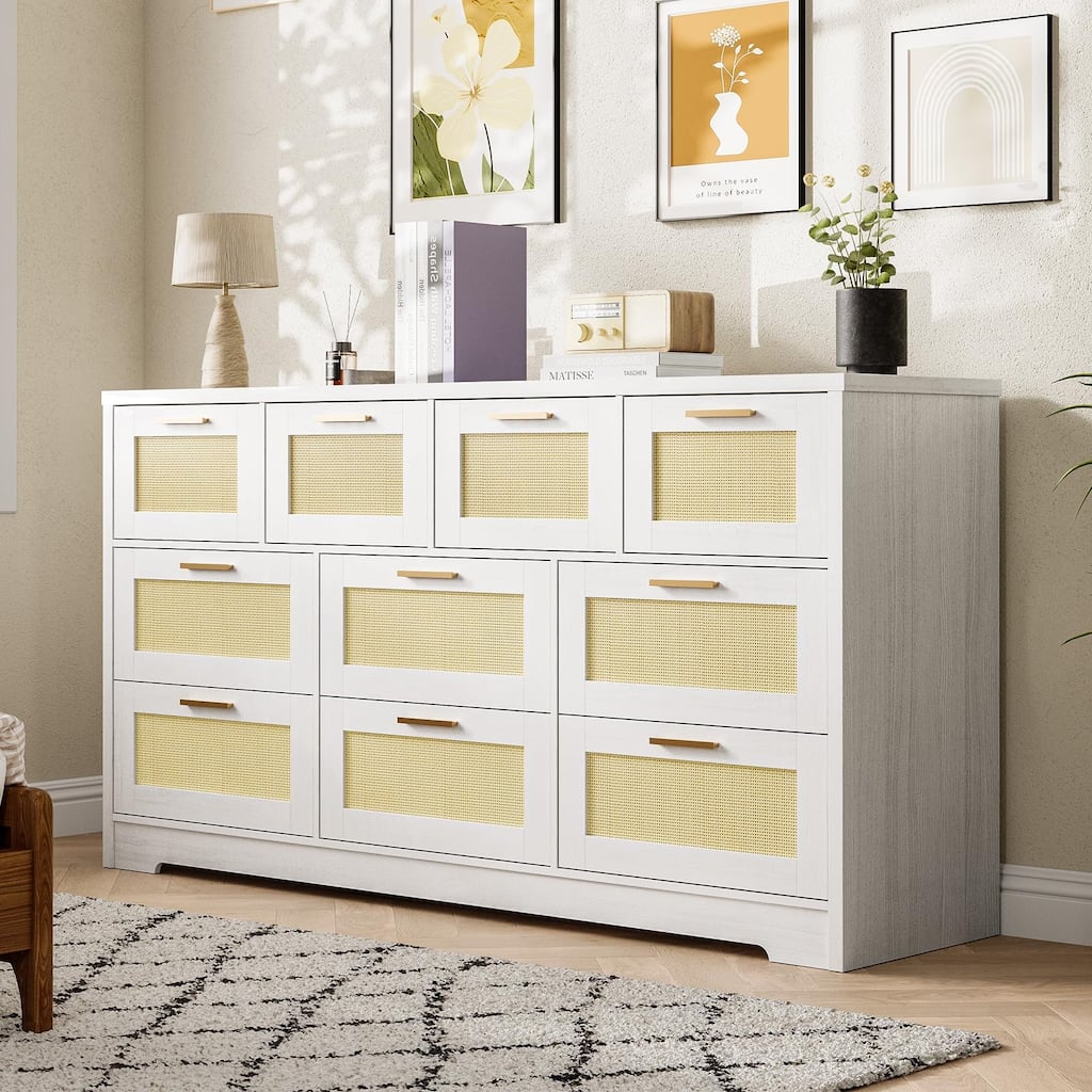 10-Drawer Dresser for Bedroom, Rattan Farmhouse Chest with Handles, Freestanding Wooden Storage Cabinet