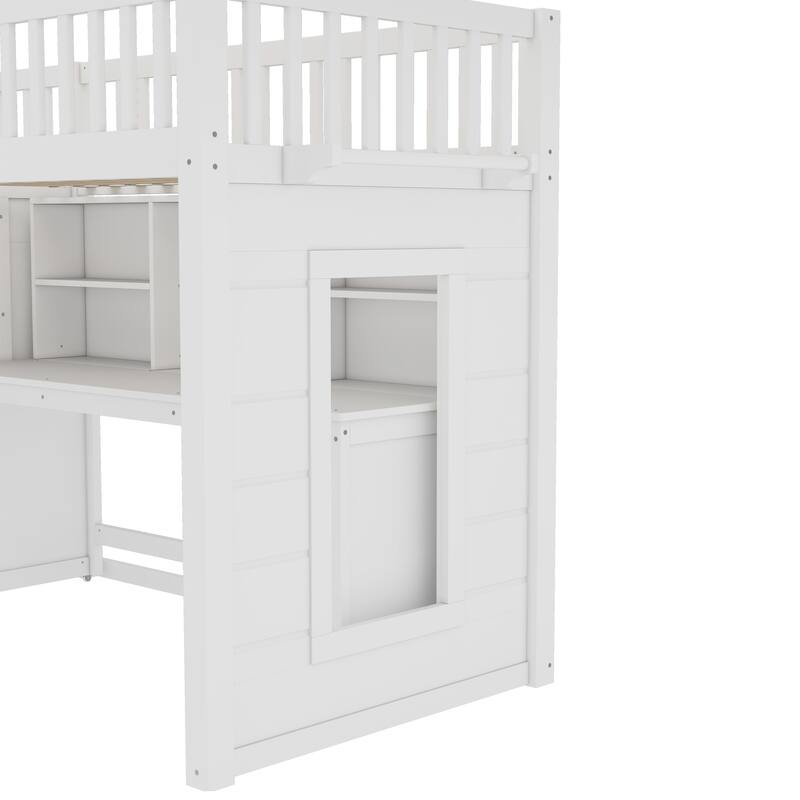 Children's Bedroom Solid Wood Loft Bed with Movable Desk, Storage Stairs, Shelves, Safety Guardrails and Optional Full or Twin