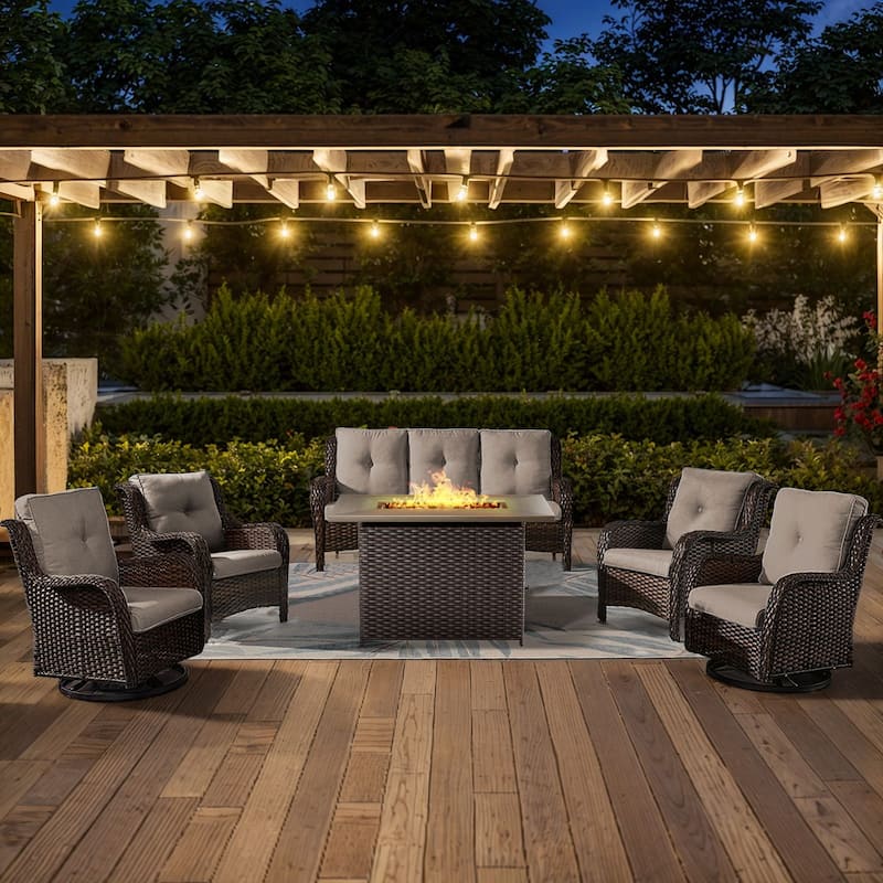 Gymojoy 6-Piece Outdoor Wicker Patio Furniture with Fire Pit, Rattan Coversation Set with Water Resistant Thick Cushions