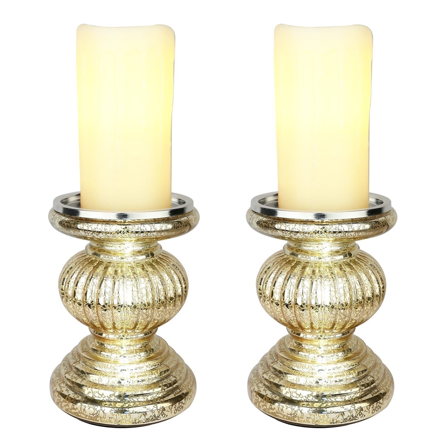 5.3" Handmade Festive Ribbed Mercury Glass LED Candle Candle Holder Pedestals 