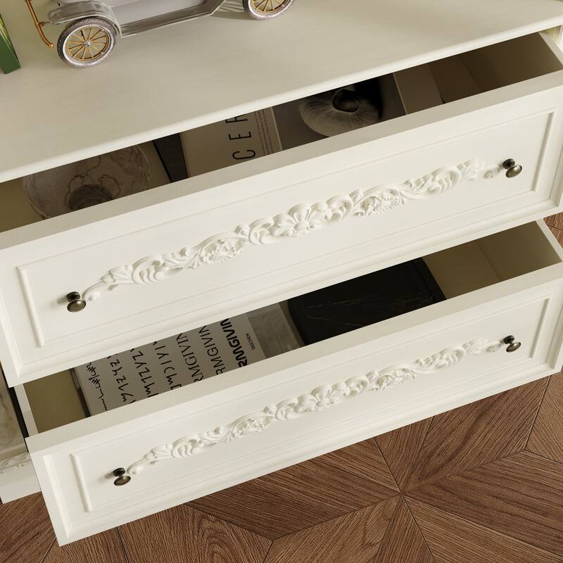 Vintage White Display Cabinet with Shelves and Drawers, Antique Bronze Handles, Hand-Rubbed Finish, Elegant Bookshelf