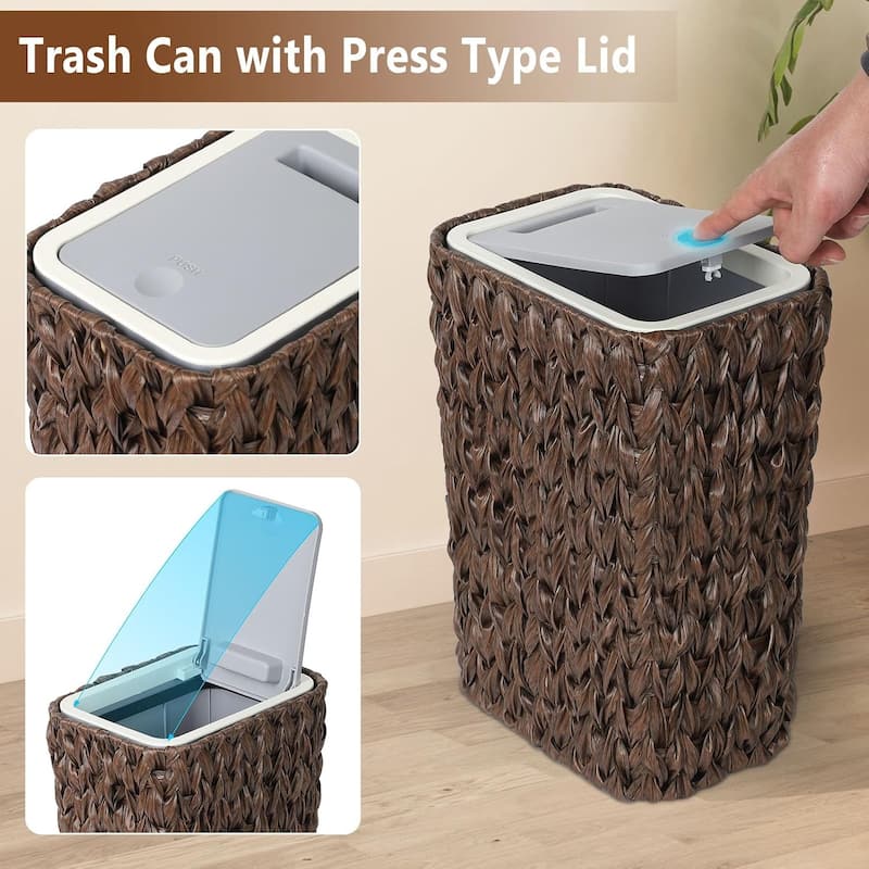 Small Bathroom Trash Can with Lid 2.6 Gallon Rattan Basket Slim Wicker Press Top for Bathroom Kitchen Office Brown