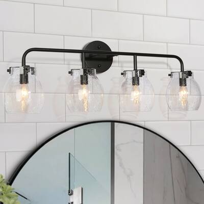 Olia Mid-Century Modern Black Seeded Glass Linear Dimmable Bathroom Vanity Light