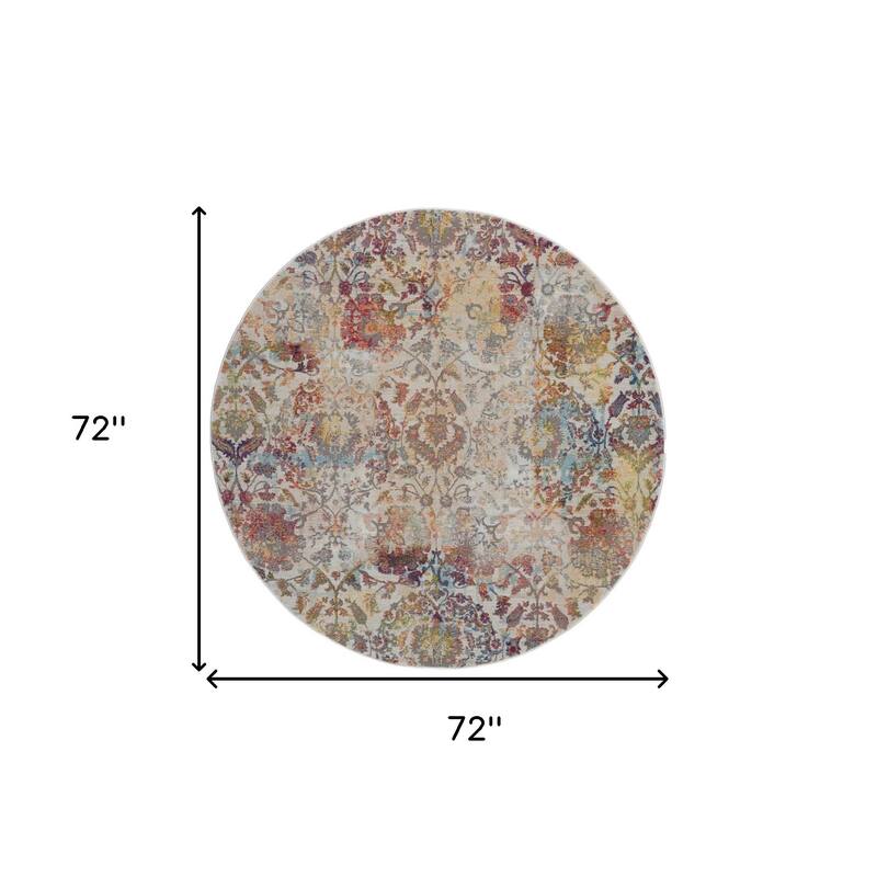 HomeRoots 6' Ivory Gray and Orange Floral Distressed Non Skid Round Rug - 72' X '72' X '0.5