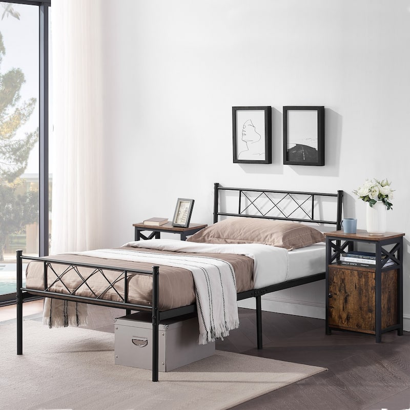 Taomika 3-Pieces Platform Bed Frame and Modern Nightstands Sets - Brown - Twin