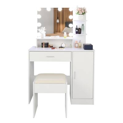 White Makeup Table with Cushioned Stool - N/A