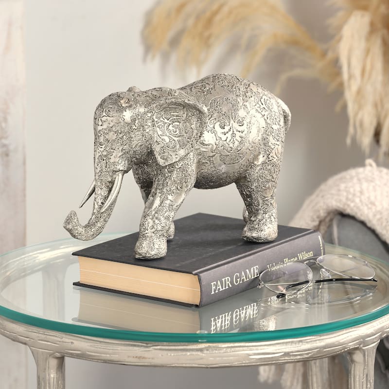 Silver Polystone Engraved Floral Elephant Decorative Sculpture - Silver