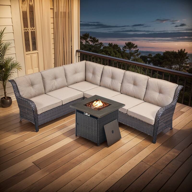 Outdoor 2 Sectional Sofa with Fire Pit Table Set - Sectional Sofa with Square Fire Table - Brown Rattan - Beige Cushion