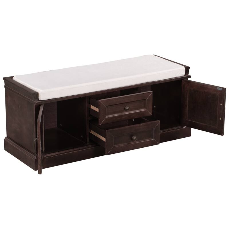 Storage Bench with 2 Drawers and 2 Cabinets, Shoe Bench with Removable Cushion for Living Room