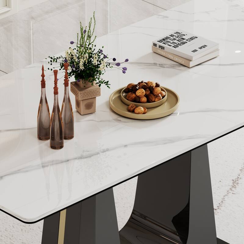 0.47" Thick Sintered Stone Composite Tempered Glass Top Dining Table with Stainless Steel Base