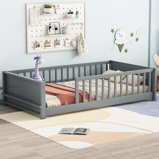 Floor Twin size Platform Bed with Built-in Book Storage Rack for Home