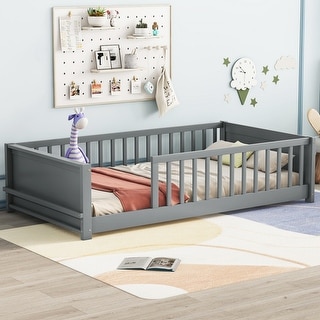 Twin Size Floor Platform Bed with Built-in Book Storage Rack