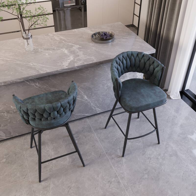 Swivel Bar Stools Set of 2, Counter Height Bar Stools with Woven Back and Footrest, 360° Swivel Kitchen Island Chairs