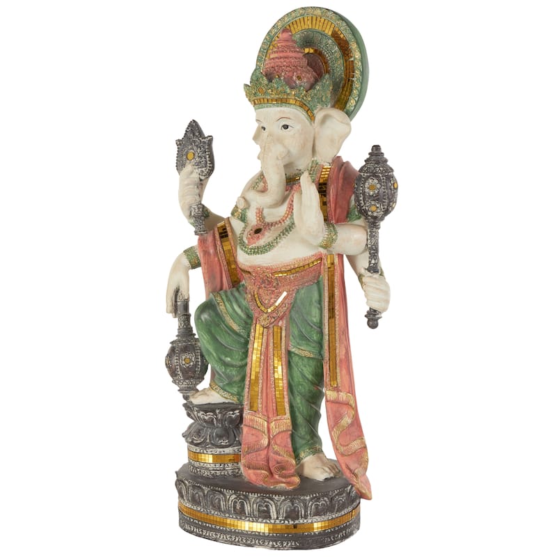 Resin Ganesh Sculpture with Green, Blue, and Red Accents - Gold - Roche River Decor - 6"W x 12"L x 27"H
