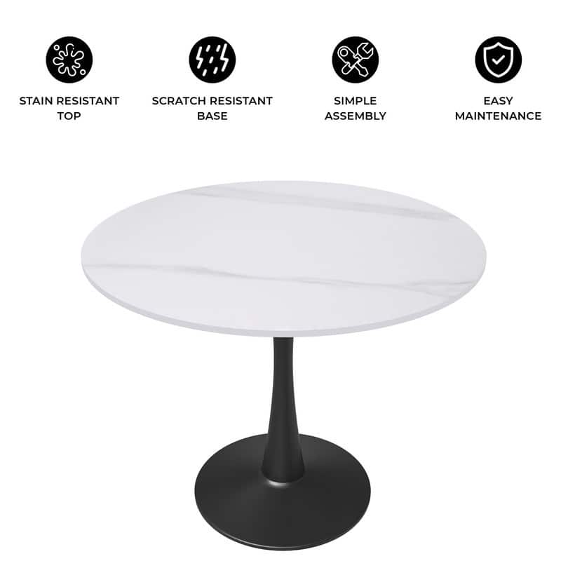 Bristol 32" Round Minimalist Dining Table for 4 with Sintered Stone Top & Black Iron Pedestal Base for Kitchen & Dining Room