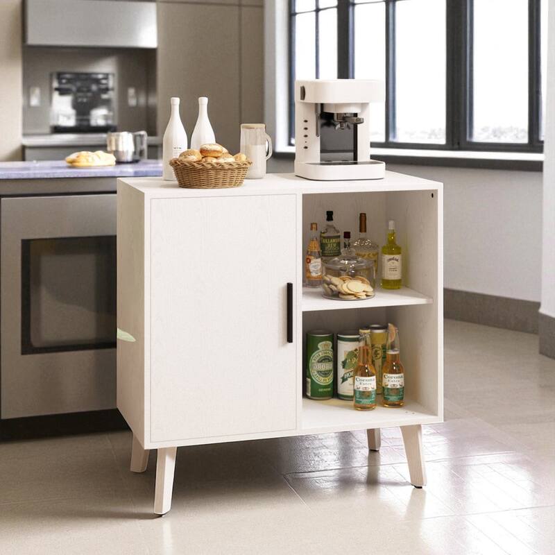 Modern Accent Storage Cabinet with Solid Wood Legs, White Patterned Door and Shelves for Dining Room or Hallway