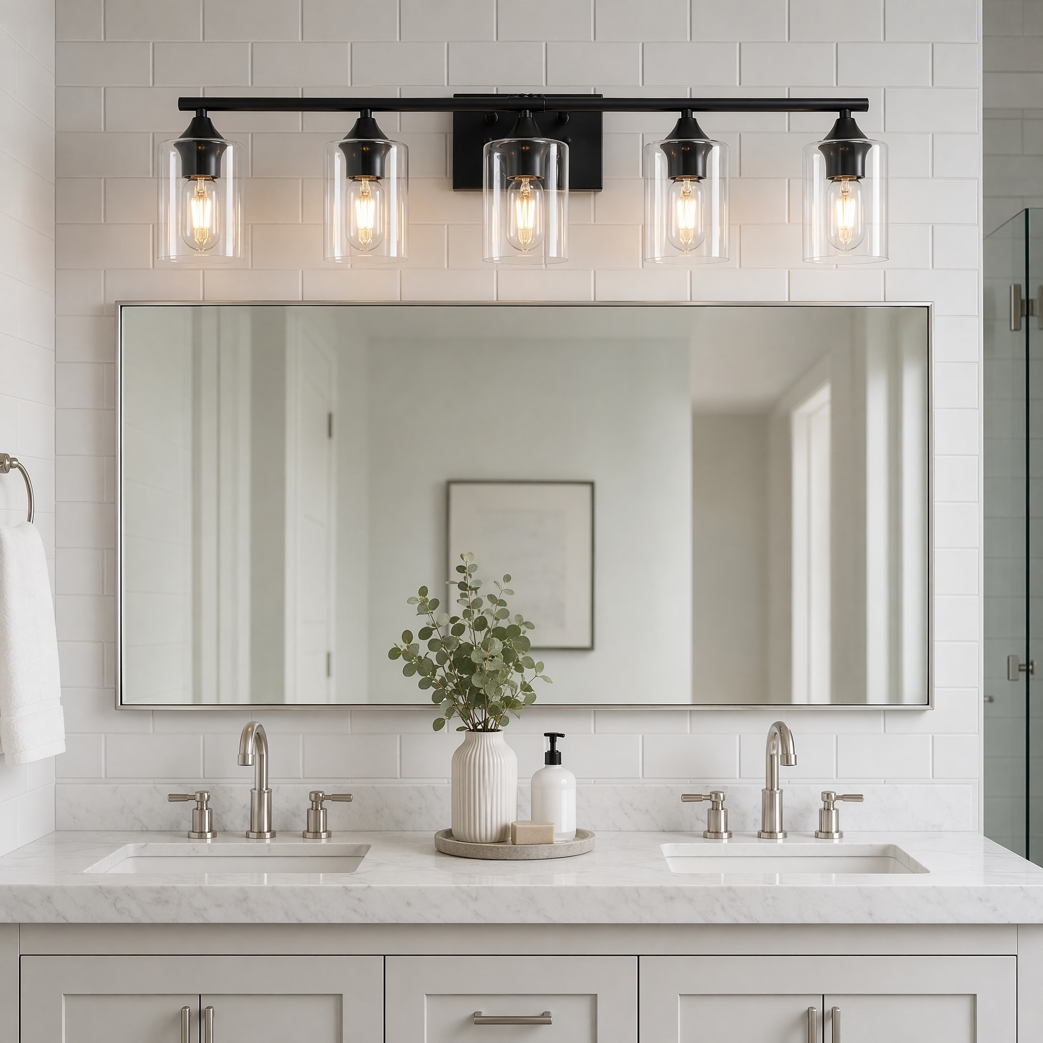 5-Light Luxury Farmhouse Bathroom Vanity Light Fixture, Damp-Proof Sanitary Wall Lamp with Clear Glass Shade for Large Family