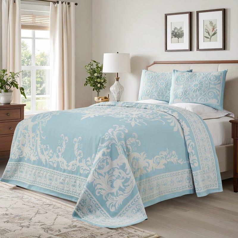 Superior Cotton Blend Oversized Vintage Medallion Bedspread Set - Aqua - Twin