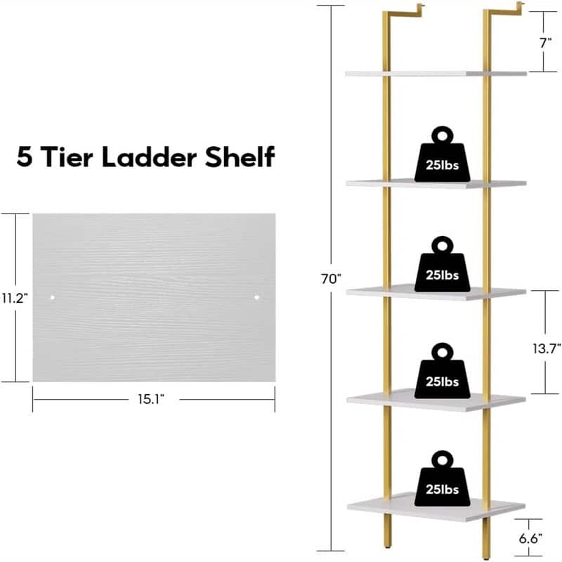 5 Tier Ladder Shelf 70 Inch Wall Mounted Bookshelf Metal - 11.6"D x 15.4"W x 70.8"H