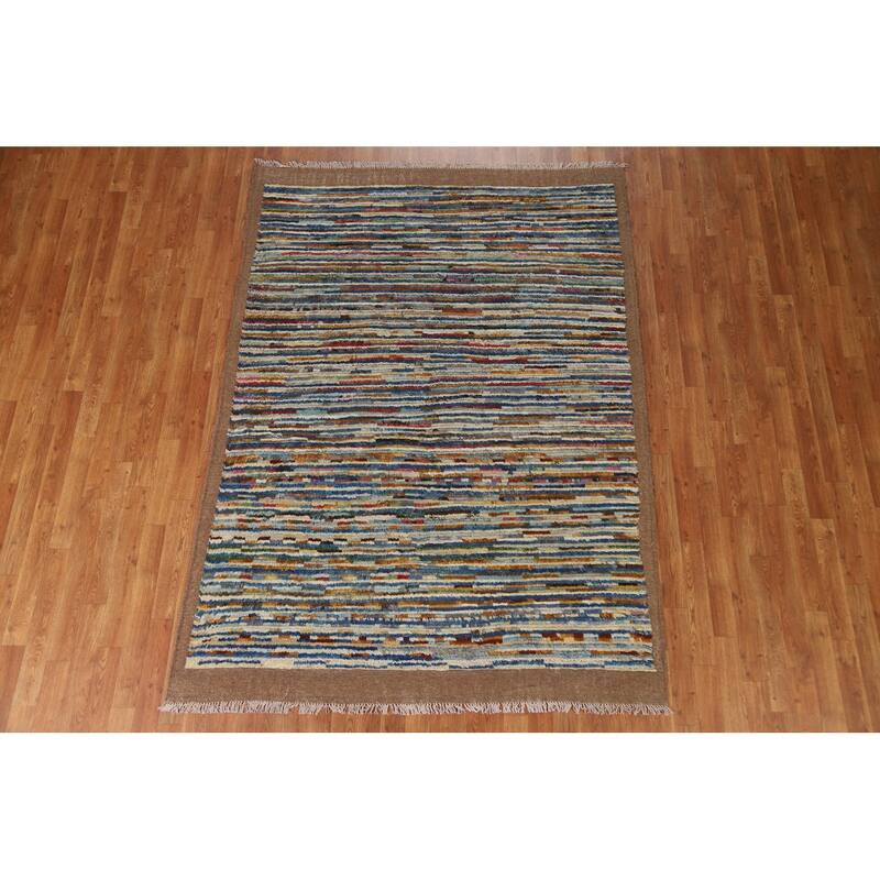 Hand Knotted Oriental 100% Wool Carpet Modern Stripe Multi-Colored Moroccan Area Rug - 7' 8'' X 5' 5''