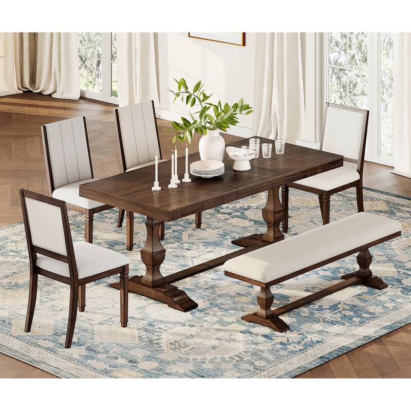 6-pieces Farmhouse Dining Table for 6, 74.8" Kitchen Table Set with 4 Chairs and Bench, Solid Wood Legs and Cushion Seat