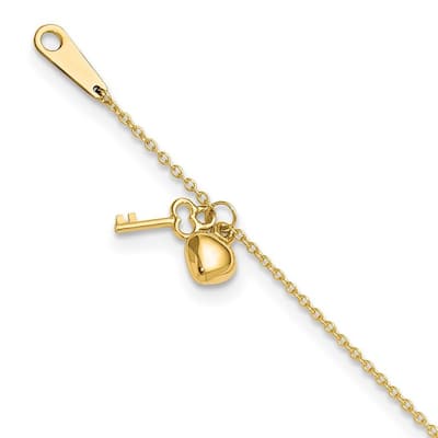 Curata Women's 14k Yellow Gold Gold Heart and Key Anklet - 10 Inch