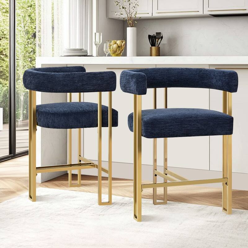 25" Seat Height Upholstered Chenille Gold Matel Counter Stool - Blue-2-piece - Set of 2