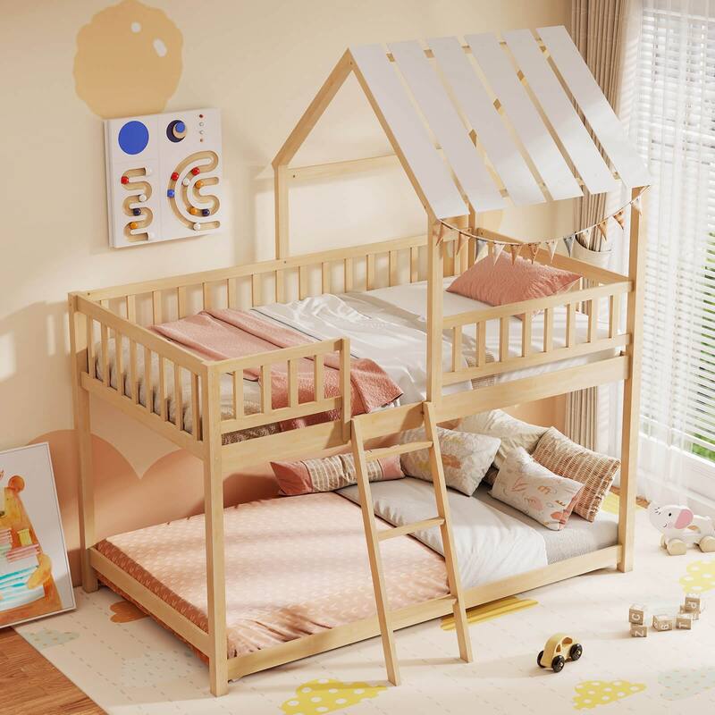 Costway Twin Over Twin House Bunk Bed with Roof, Ladder & Full-length