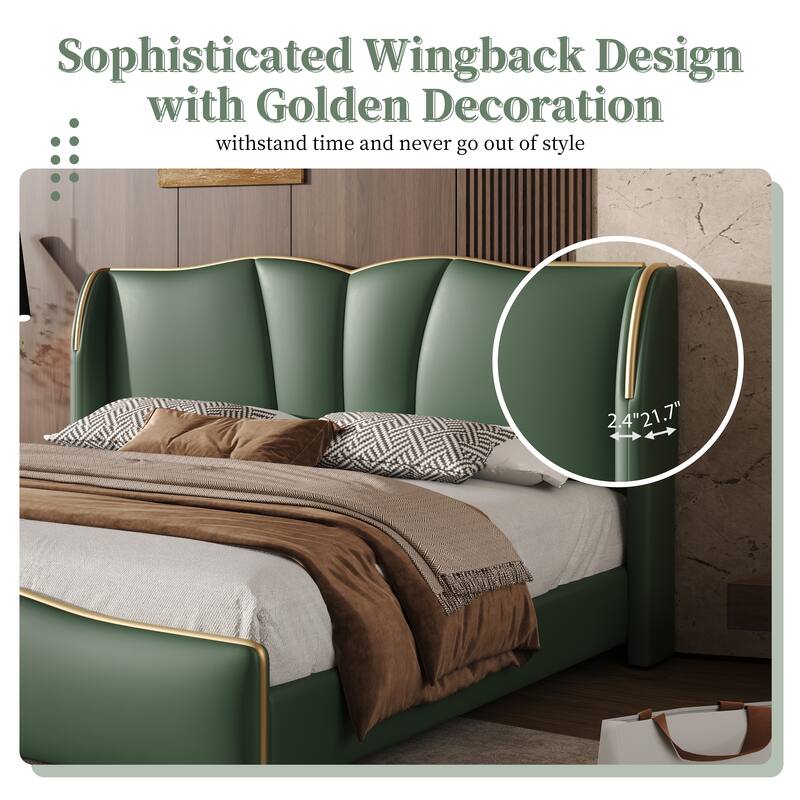 Modern Queen Size Leather Upholstered Bed Frame with Wingback Headboard and Wavy Footboard, Dark Green