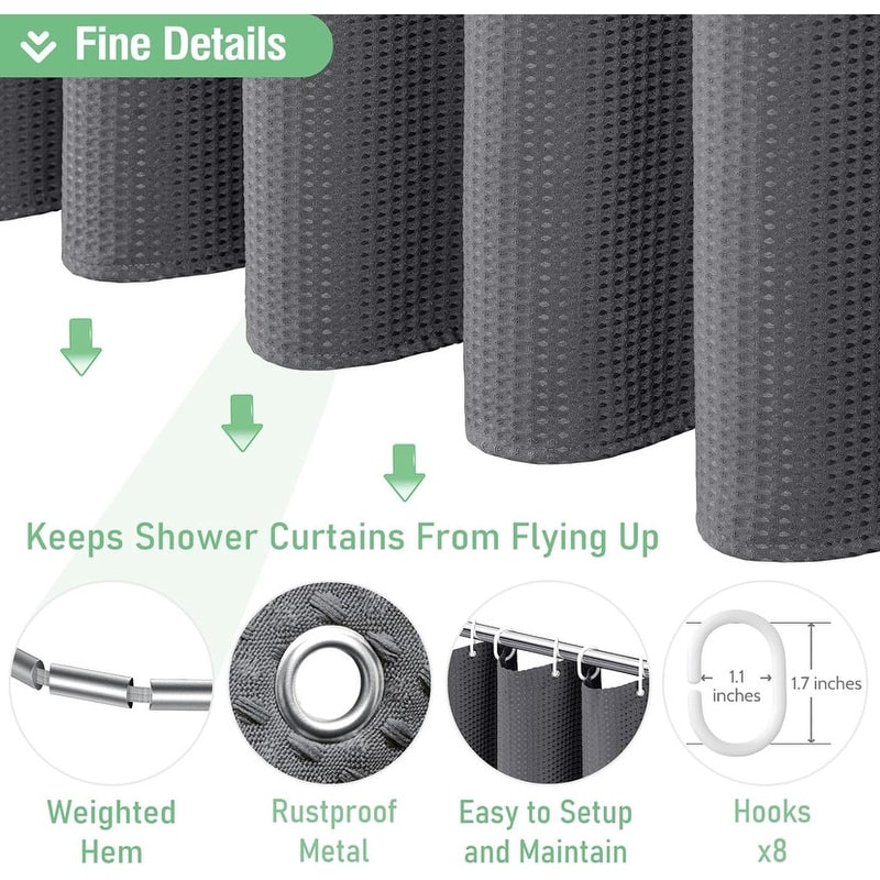 Waffle Textured Heavy Duty Thick Fabric Shower Curtain, Luxury Weighted Polyester Fabric Shower Curtain Set