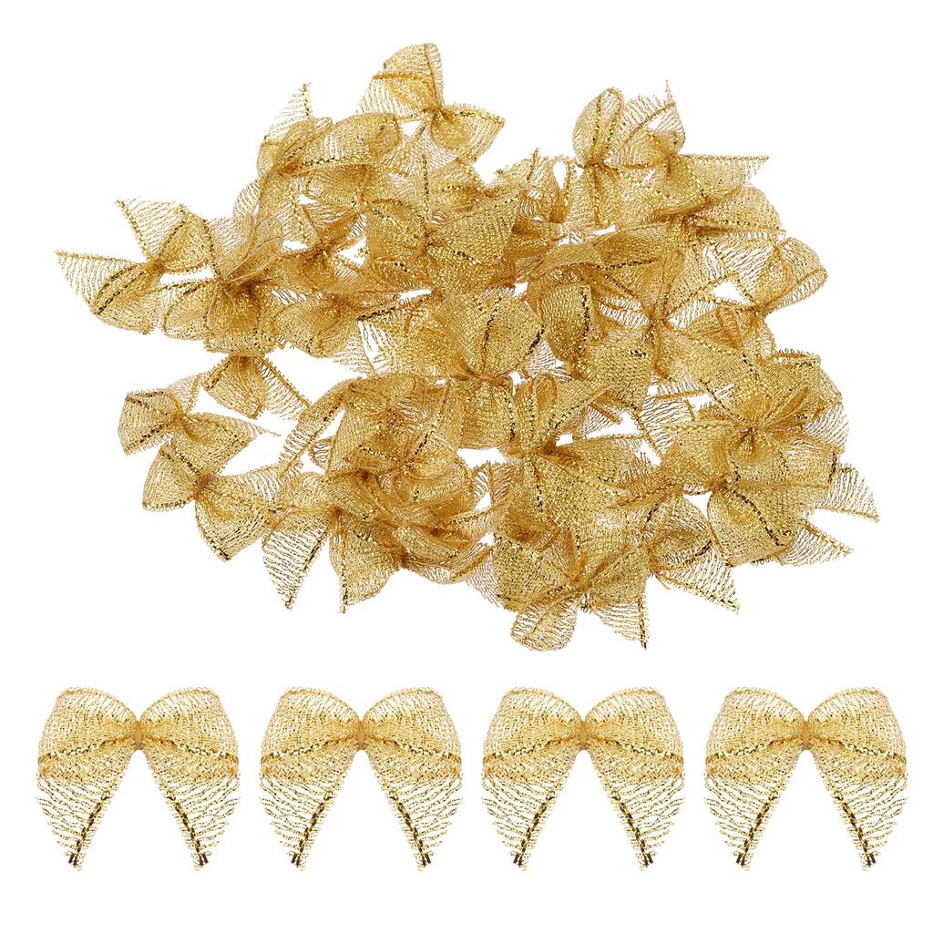 50Pcs Mini Metallic Edge Ribbon Bow 1" Satin Ribbon Flower Bows Soft Gold Tone - Gold Tone