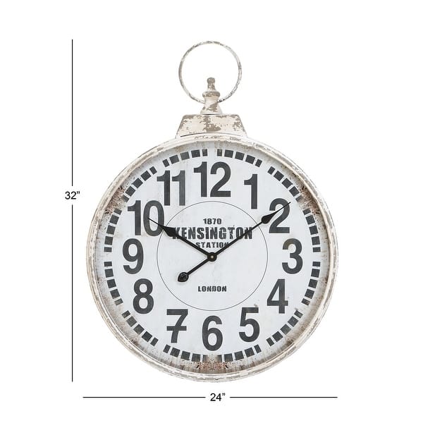 White Metal Distressed Pocket Watch Inspired Decorative Wall Clock with Black Accents