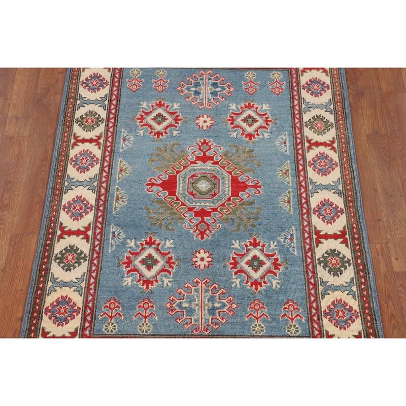 Blue Geometric Kazak Foyer Rug Hand-Knotted Oriental Wool Carpet - 3'4" x 4'11"
