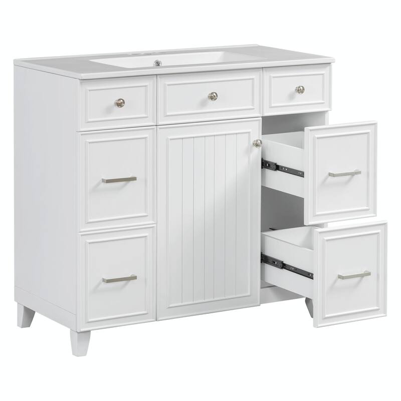 36" Bathroom Vanity with Ceramic Sink, Blue, Solid Wood Frame, Soft-Close Doors, Adjustable Shelves
