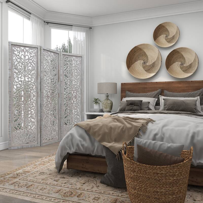 Wooden Floral Handmade Hinged Foldable 3 Panel Room Divider Screen with Intricate Carved Design - White - Roche River Decor