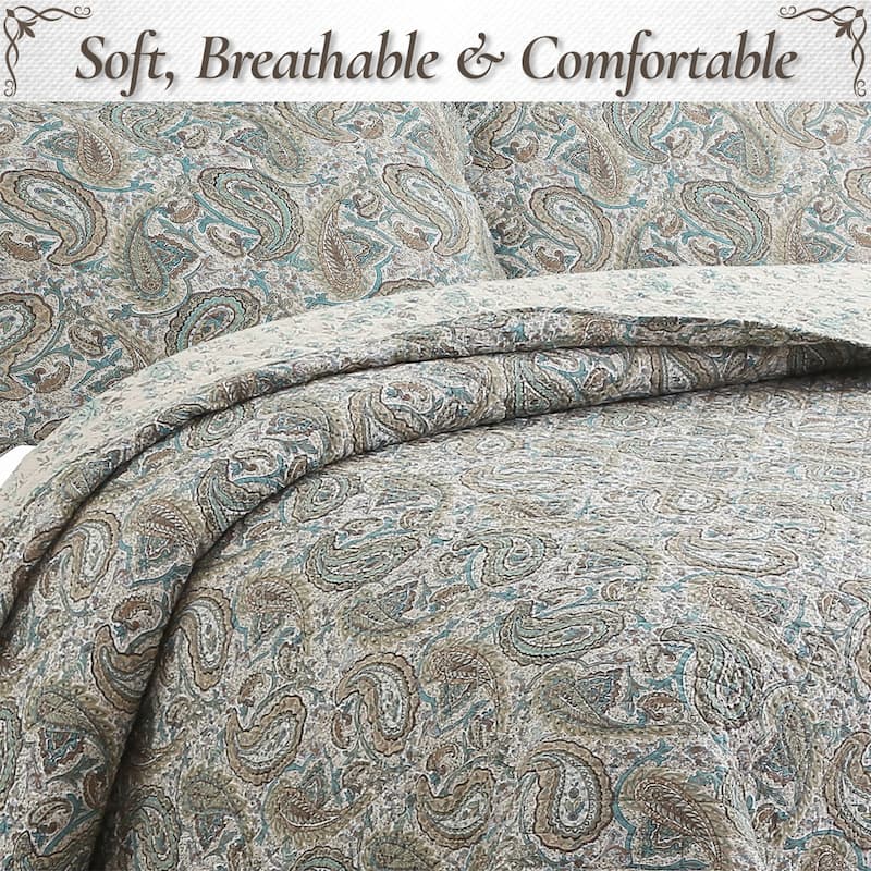 Cozy Line Aquamarine Turquoise Tan Brown Paisley 3 Piece Cotton Queen Quilt Bedding Set