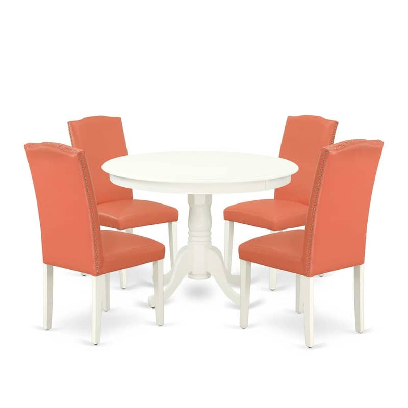 Round Dinette Set 5Pc - 42 Inch Table & 4 Chairs - Pink Flamingo PU Leather - Home Kitchen Furniture