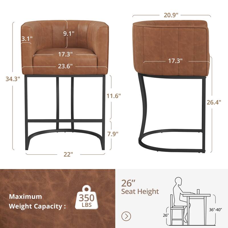LUE BONA Modern 26.in Low Back Counter Height Barstools Upholstered/PU Leather Barrel Set of 2 Bar Stools with Metal Frame