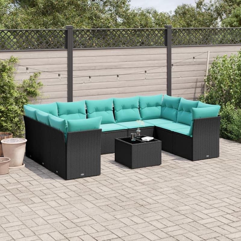 vidaXL 9/10 Piece Patio Sofa Set with Cushions Black/Brown/Gray Poly Rattan - 21.7 x 24.4 x 27.2 - Black and blue With table